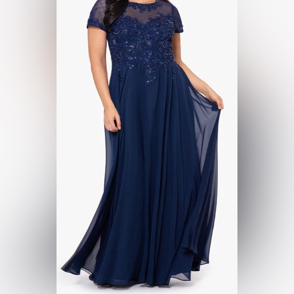 Xscape Elegant Lace Navy Blue Embellished Gown - Picture 1 of 4